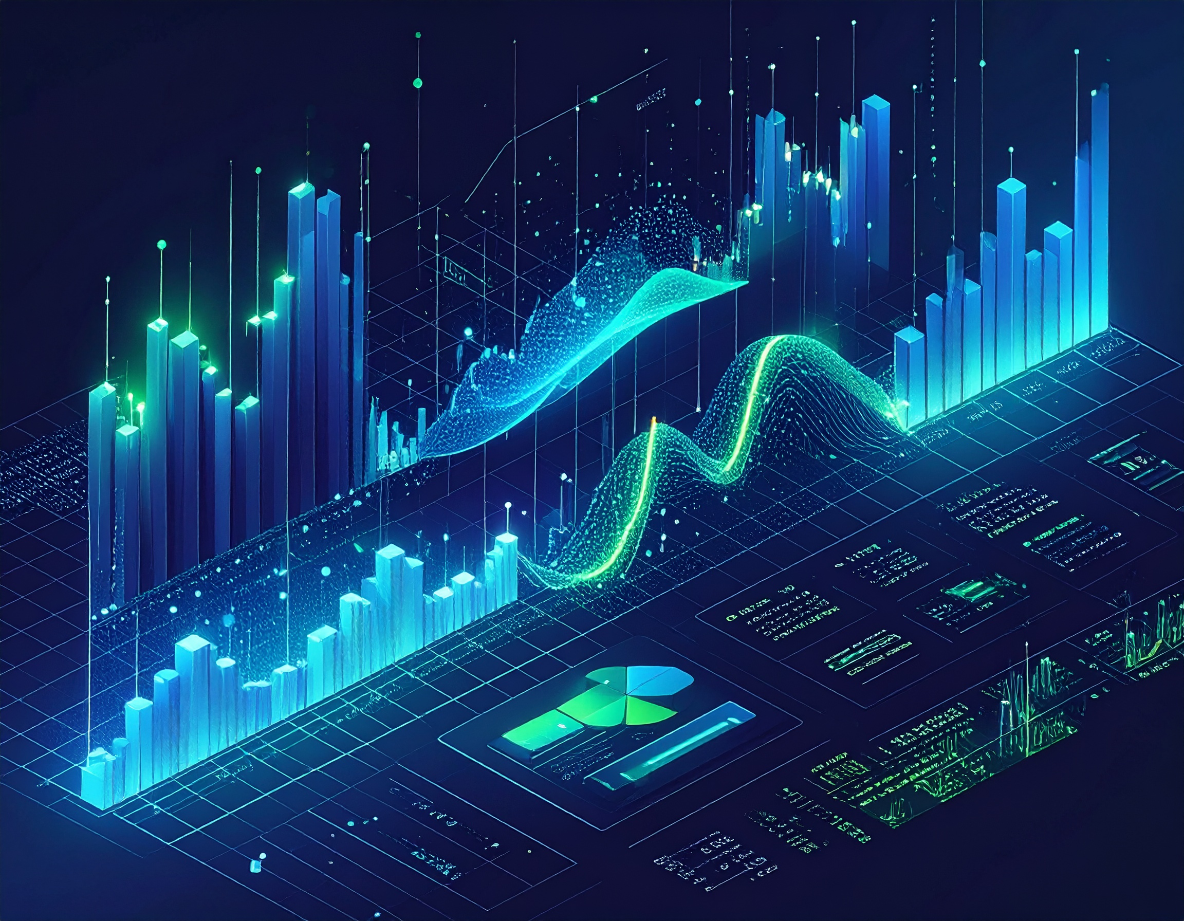 3D visualization of flowing financial data streams transforming into organized table grids with stock prices and technical indicators on a dark background